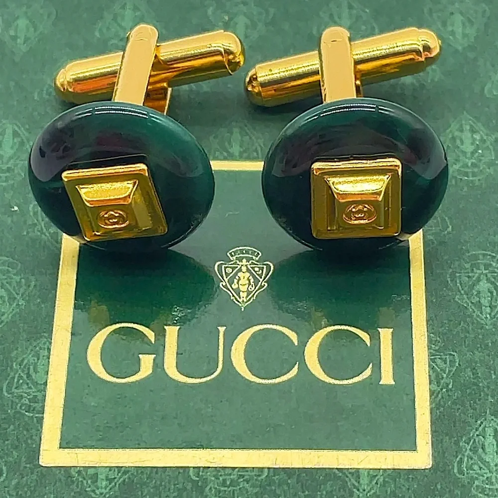 GUCCI Green Marble Cufflinks Gold Accents and Design COMES IN GUCCI BOX